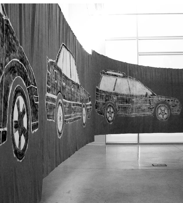 Exhibit sews together unlikely elements as cars meet canvas