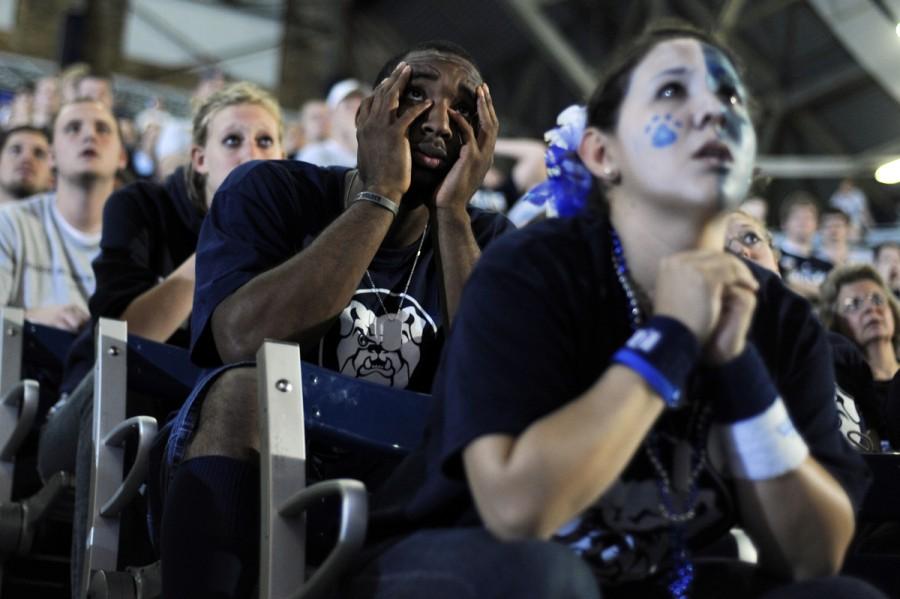James Poscascio, a freshman at Butler, watches the action between his fingers during a viewing party of the Duke-Butler national championship game on Monday, April 5, 2010, at Hinkle Fieldhouse in Indianapolis. -James Brosher / IU Student News Bureau