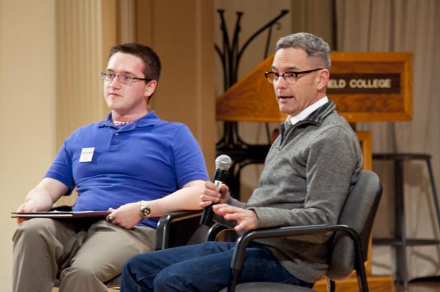 Curt Shepard, director of children, youth, and family at the Los Angeles Gay and Lesbian Center, discusses homophobia with former Fusion Club president senior Jesse Aerni on May 17 in Ice Auditorium.