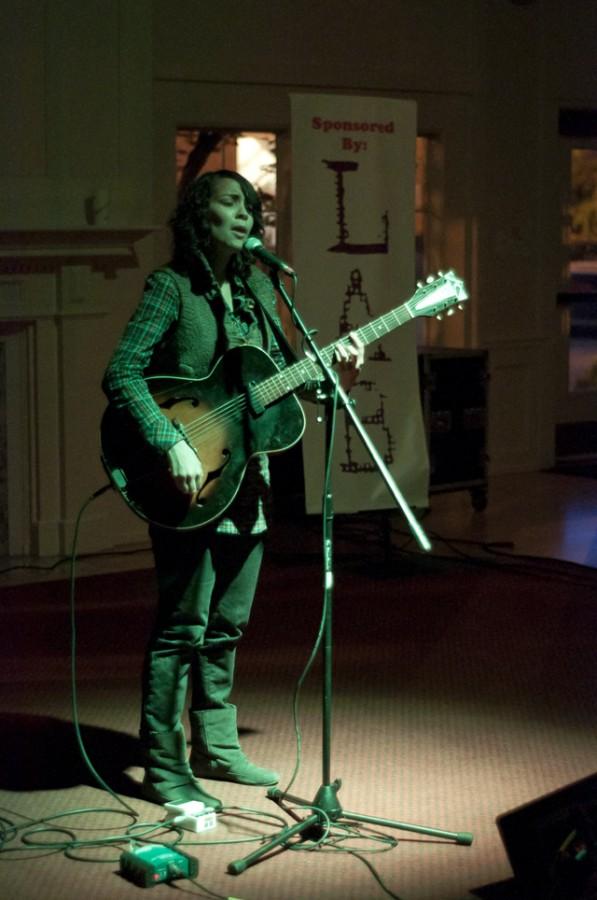 Gaby Moreno performs a guitar solo during a professional Cat Cab on May 19 in the Fred Meyer Lounge. 