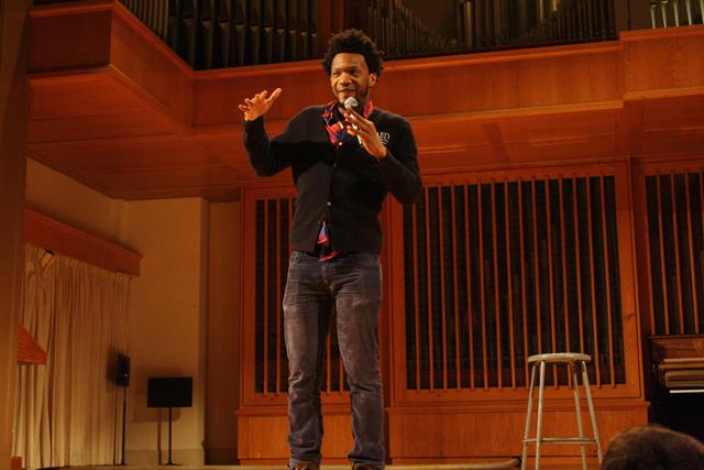 Comedian Seaton Smith shares a comedy routine during his performance May 14 in Ice Auditorium. 