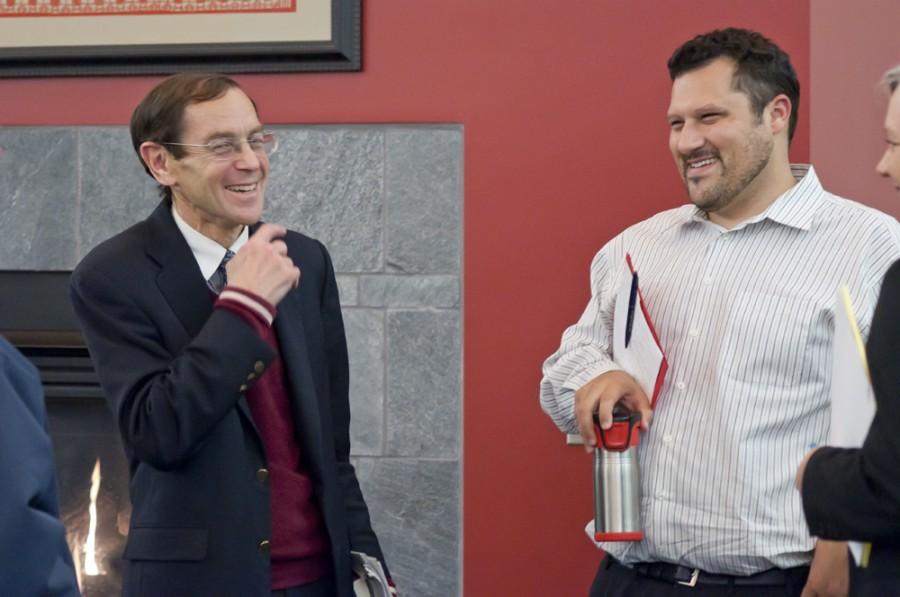 Constitutional lawyer Bruce Fein speaks with Nick Euccola, Assistant Professor of Political Science after his lecture concerning the problems within the Patriot Act for it’s tenth anniversary on Oct. 26 in the Austin Reading Room in Nicholson Library. Joel Ray/Photo editor