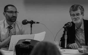 Brad Thompson/For the Review Oregon Public Broadcasting’s host Dave Miller, left, and Mark Potok, of the Southern Poverty Law Center, broadcast Wednesday’s “Think Out Loud” program from Riley Hall. About 100 students, faculty, administrators and staff attended the event. In the evening, Potok spoke in Ice Auditorium.