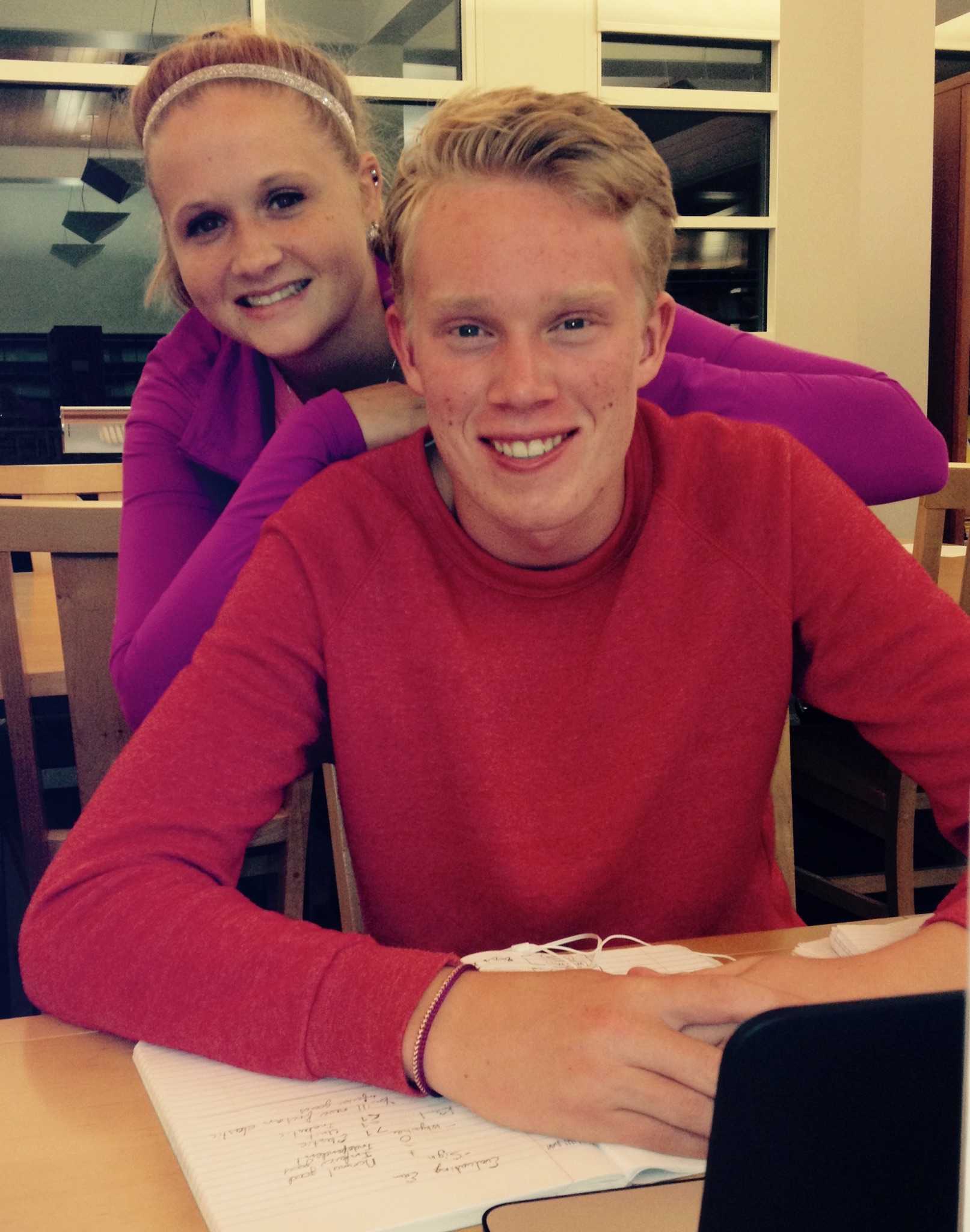 Sophomore Lacey Toledo-Muragin and freshman Wouter van den Haak study together after a long night of IM football games.