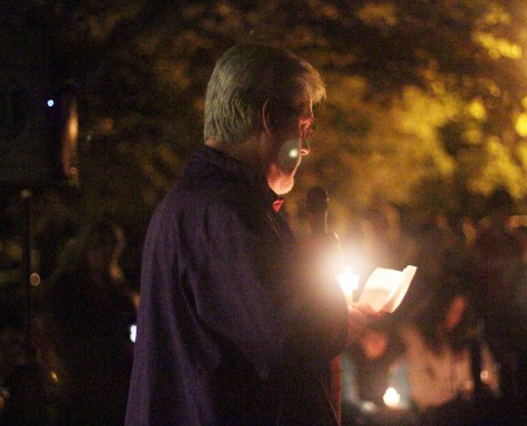 Helen Lee/Editor in Chief Linfield Chaplain David Massey recites a prayer at the sexual assault rally on Sept. 30.