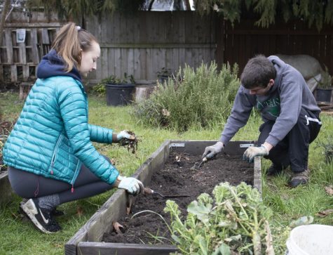 Annie Strobel, ''22, newly appointed leader of Linfield garden, and David Magnello, ''22, volunteer weeding a planter in the garden