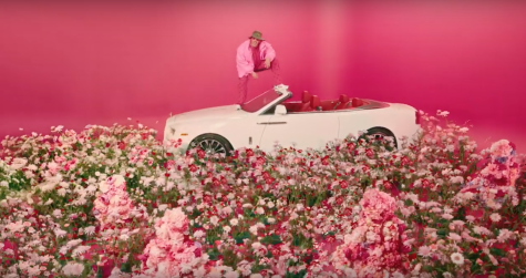 Artist Bad Bunny dressed in pink on hood of white car parked in a field of roses.