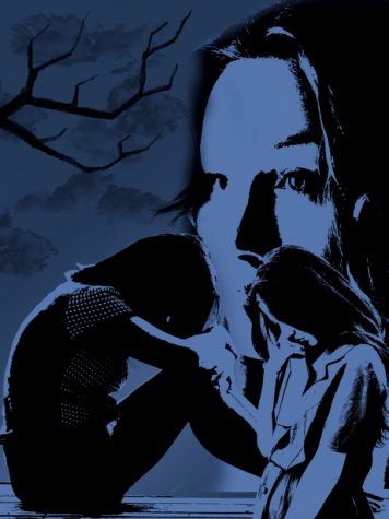 image of girl kneeling in front of face of girl and a profile of a girl in the bottom right