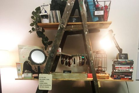 A repurposed ladder with wood planks works as a shelf display for various items in the small room the Cat Closet resides in. 