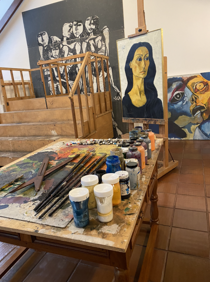 Unfinished painting by Oswaldo Guayasamin inside his painting studio, which is now Museo Guayasamin in Quito, Ecuador. 