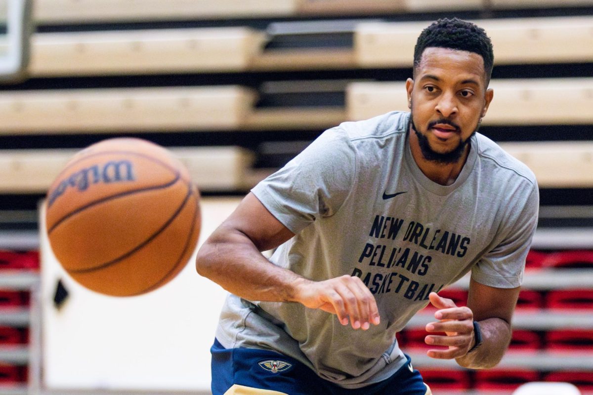 CJ McCollum practices in the Linfield University gym. 