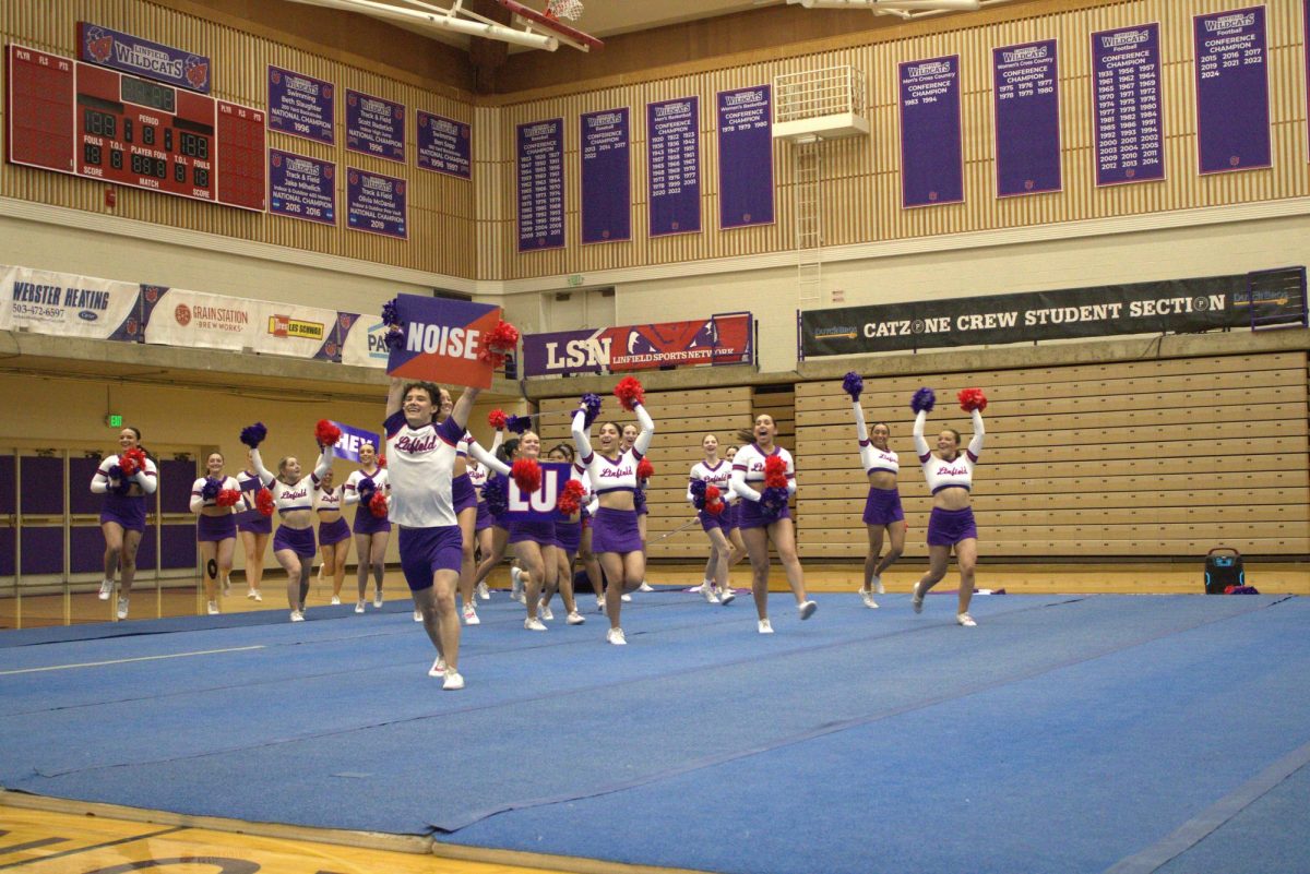 Linfield Cheer performs at their send off before Nationals.