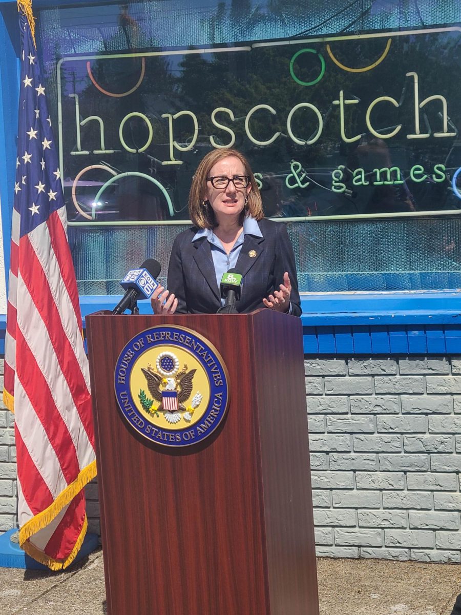 Rep. Andrea Salinas (D-OR) speaks at a press conference after meeting with McMinnville business owners on May 24, 2026.