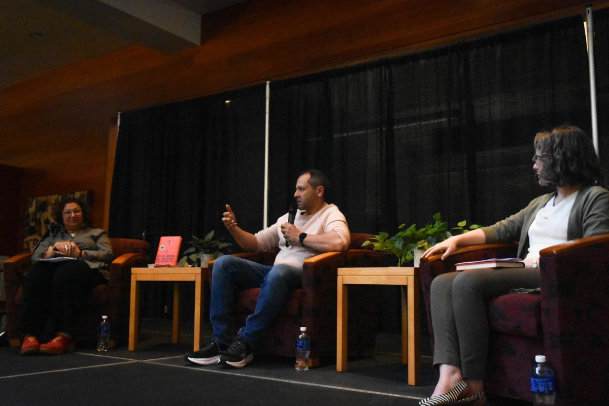 Omar El Akkad speaking at his event at Linfield on April 8.